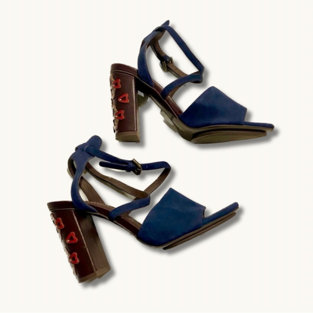 SEE BY CHLOE Blue Suede Heeled Sandals with Studded Leather Flower Detailing